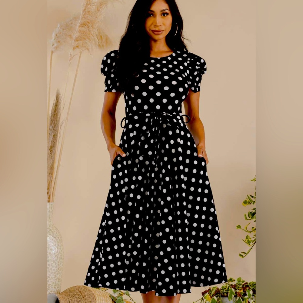 Puff Sleeve Polka Dot Cocktail Dress, Sizes 1X - 3X (Black)
